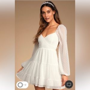 Lulus Longing And Love White Swiss Dot Puff Long Sleeve Mini Dress